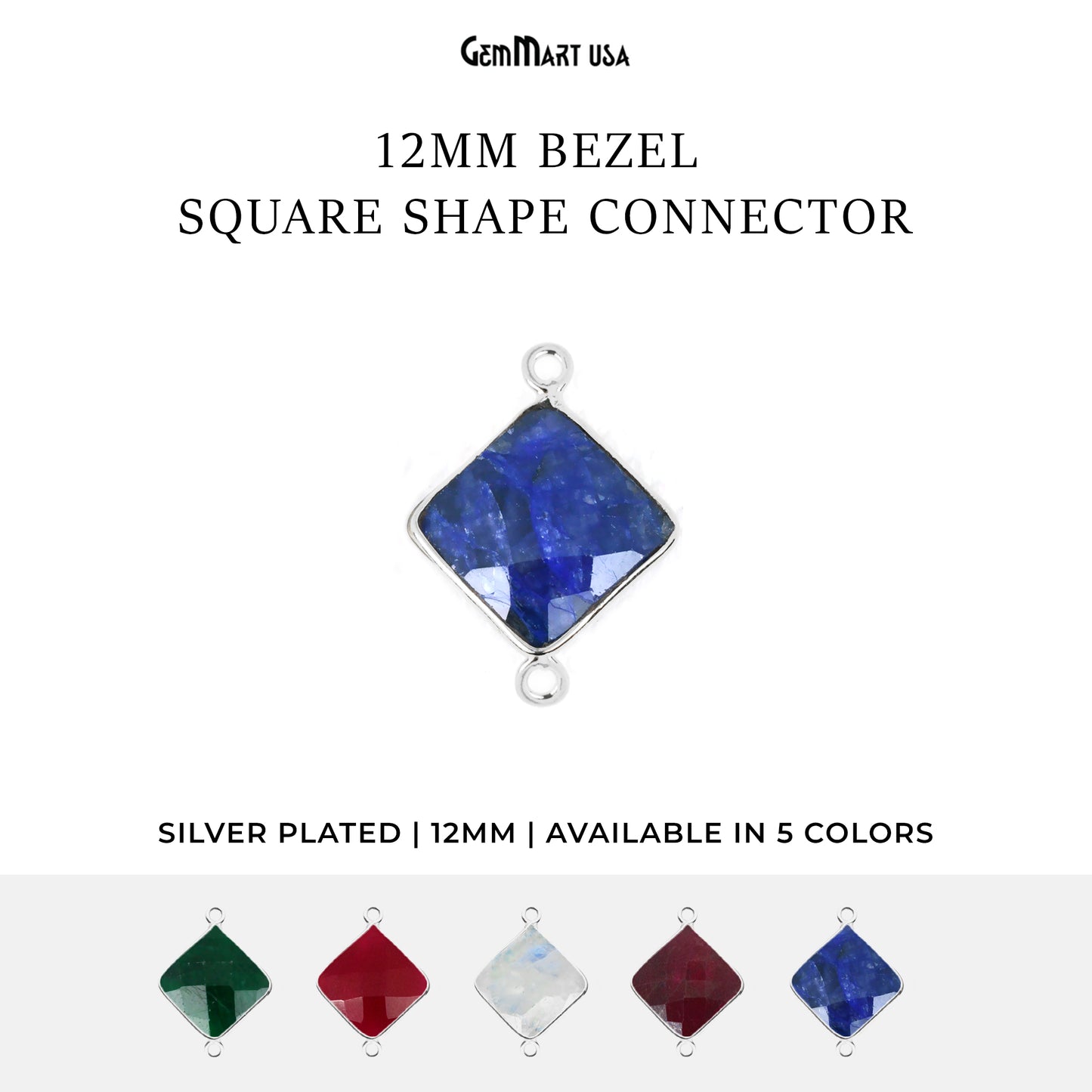 Square 12mm Silver Bezel Double Bail Gemstone Connector