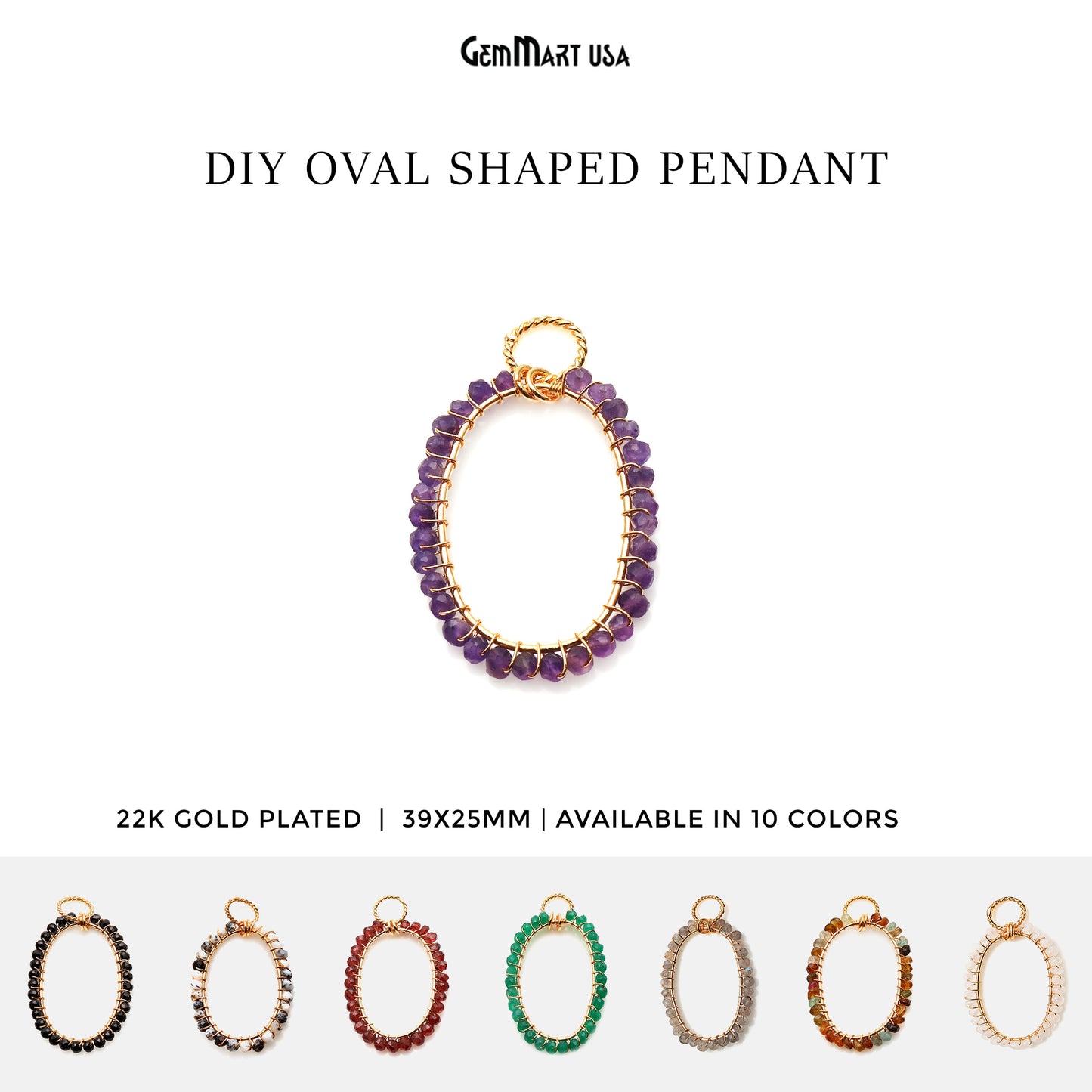 DIY Gemstone Beaded Wire Wrapped 39x25mm Oval Gold Pendant Connector