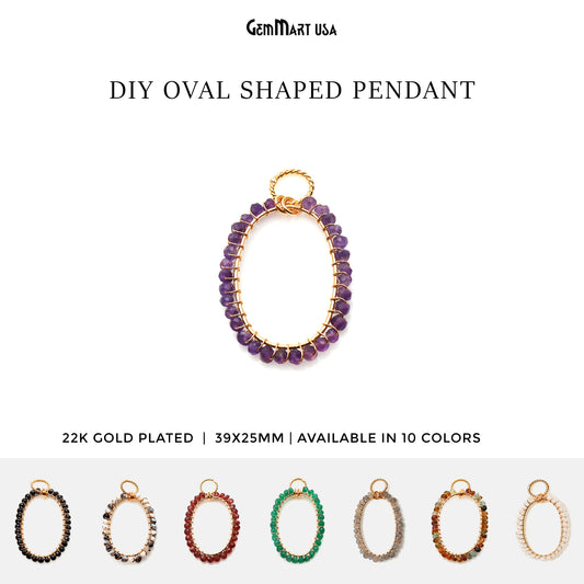 DIY Gemstone Beaded Wire Wrapped 39x25mm Oval Gold Pendant Connector