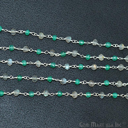 Green Onyx & Labradorite 3-3.5mm Beads Silver Wire Wrapped Rosary Chain