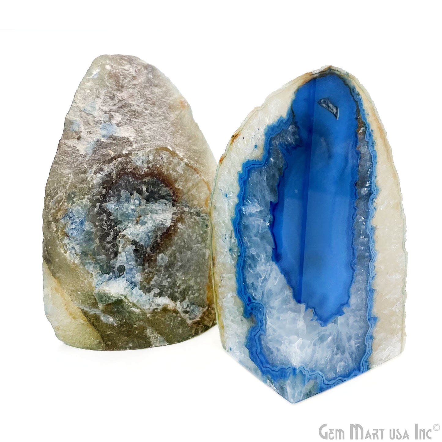 Large Geode Bookend. Blue Agate Bookend Pair. (2.58lbs, 4-5"inch). Mineral Rock Formation, Healing Energy Crystal, Home Decor. *Ships Free