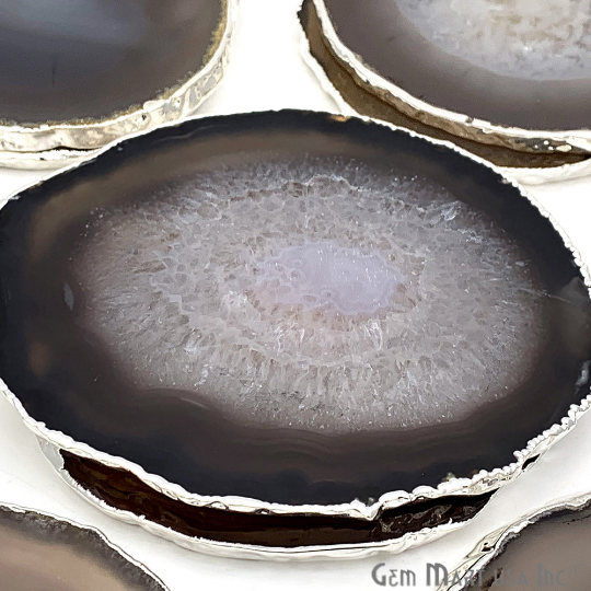 Black Natural Gemstone Coaster, Agate Slice Coaster, Rock & Crystal Coaster, Organic/Silver/Gold Plated Drinkware