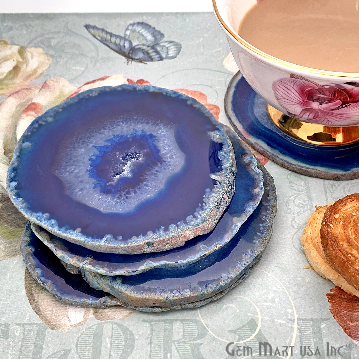 Blue Agate Coaster, Coaster Set, Rock Coaster,Agate Slice Drink Coaster - GemMartUSA