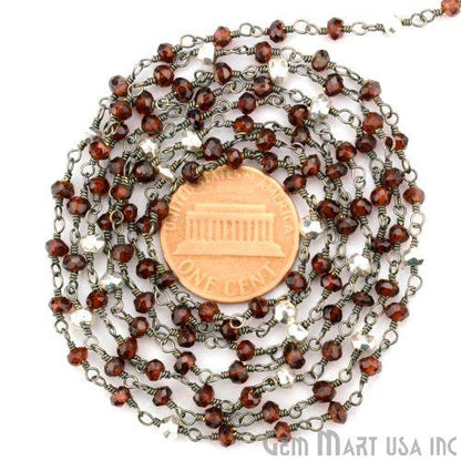 Garnet & Silver Pyrite Beads 3-3.5mm Oxidized Wire Wrapped Rosary Chain