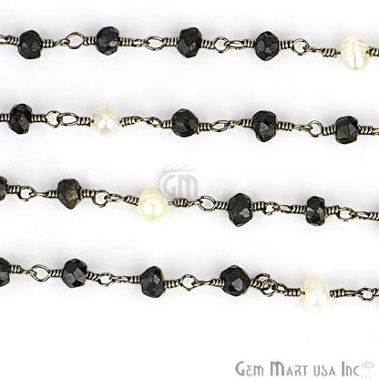 Black Spinel & Pearl Beaded Oxidized Wire Wrapped Rosary Chain