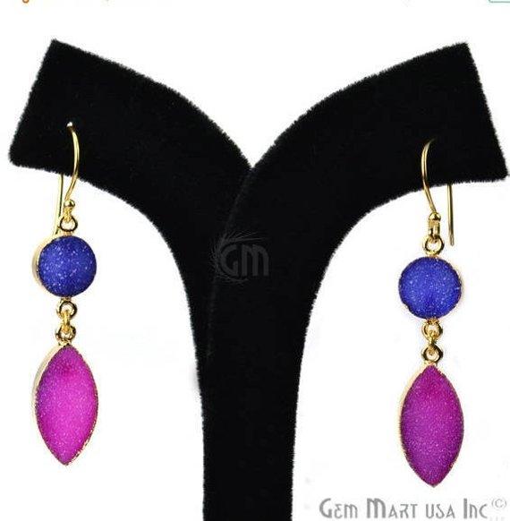 Double Druzy Stone 52x10mm Gold Plated Hook Earrings (Pick your Gemstone) (90135-1) - GemMartUSA