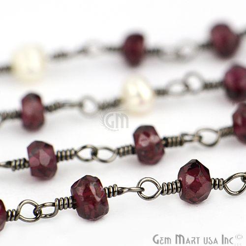 Garnet With Pearl Gemstone Beaded Oxidized Wire Wrapped Rosary Chain