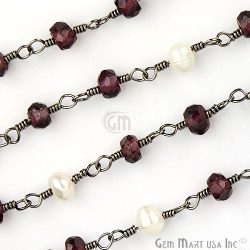 Garnet With Pearl Gemstone Beaded Oxidized Wire Wrapped Rosary Chain