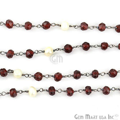 Garnet With Pearl 4mm Oxidized Wire Wrapped Beads Rosary Chain (762860109871)