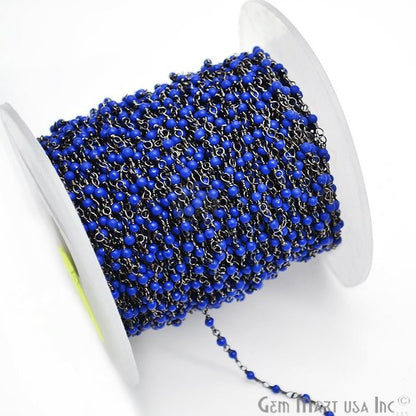 Blue Sapphire Jade Gemstone Beads 3-3.5mm Oxidized Wire Wrapped Rosary Chain - GemMartUSA