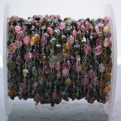 Multi Tourmaline Gemstone Beads Oxidized Wire Wrapped Bead Rosary Chain