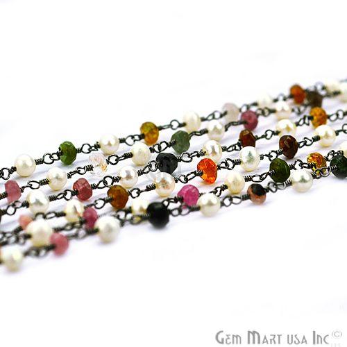 Multi Tourmaline With Pearl Gemstone Beaded Oxidized Wire Wrapped Rosary Chain