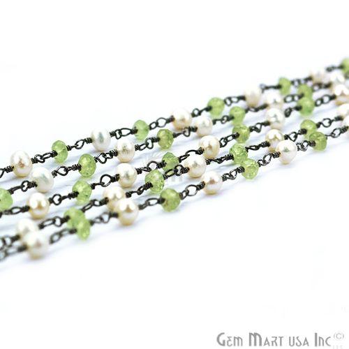 Peridot With Pearl Gemstone Beaded Oxidized Wire Wrapped Rosary Chain