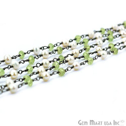 Peridot With Pearl Gemstone Beaded Oxidized Wire Wrapped Rosary Chain