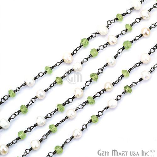 Peridot With Pearl Gemstone Beaded Oxidized Wire Wrapped Rosary Chain