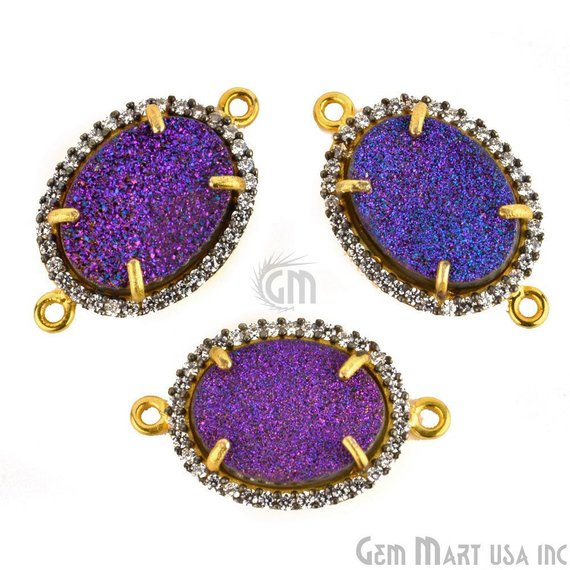 Druzy Cubic Zircon Pave 12x16mm Oval Bezel Gemstone Connector (Pick Your Color) - GemMartUSA