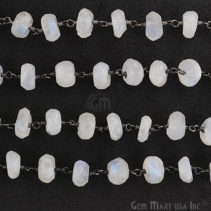 Rainbow moonstone 8-9mm Oxidized Wire Wrapped Rosary Chain (763590901807)