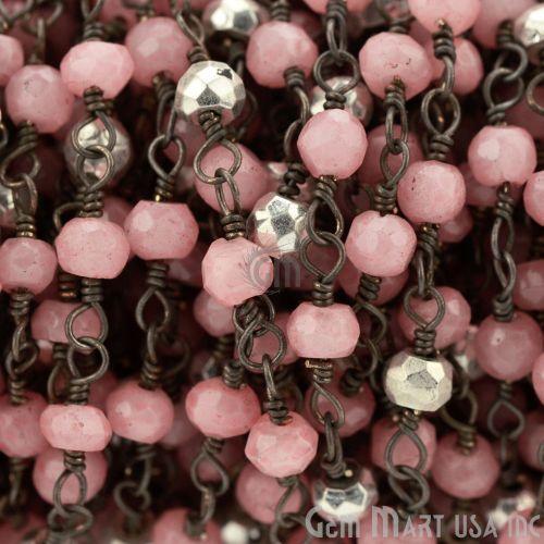 Rose chalcedony With Silver Pyrite Beaded Oxidized Wire Wrapped Rosary Chain (764422225967)