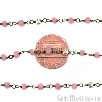 Rose chalcedony With Silver Pyrite Beaded Oxidized Wire Wrapped Rosary Chain (764422225967)