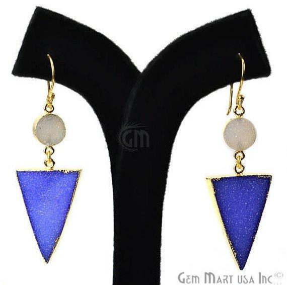 Blue & White Druzy Dangle Earring Gold Electroplated Druzy Gemstone Hook Earring (BWER-90133) - GemMartUSA