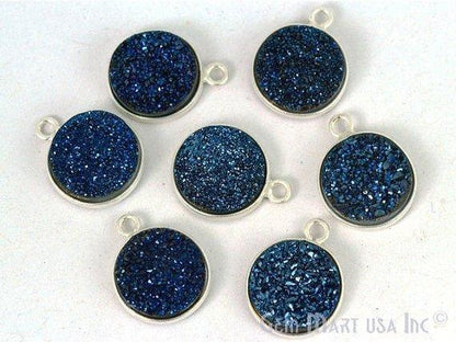 Natural Titanium Silver Druzy 12mm Round Single Bail Bezel Gemstone Connector