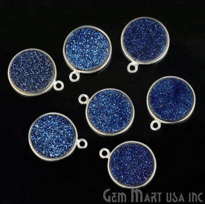 Natural Titanium Druzy 14mm Round Silver Single Bail Gemstone Connector