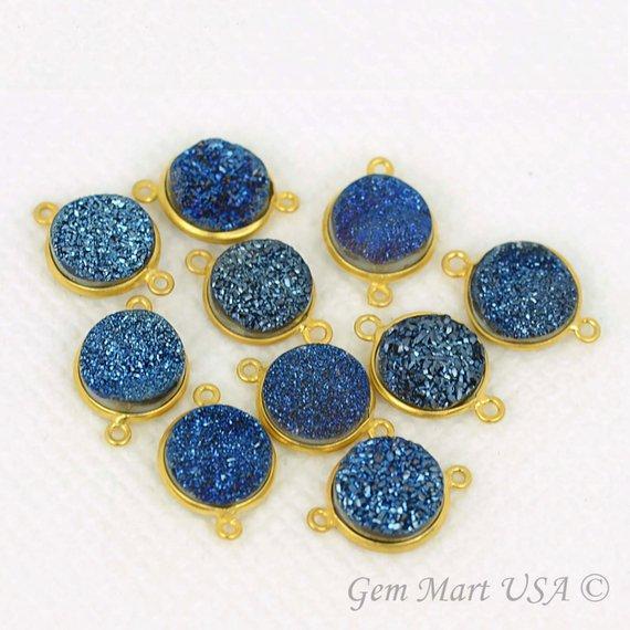 Natural Titanium Druzy 14mm Round Gold Double Bail Gemstone Connector