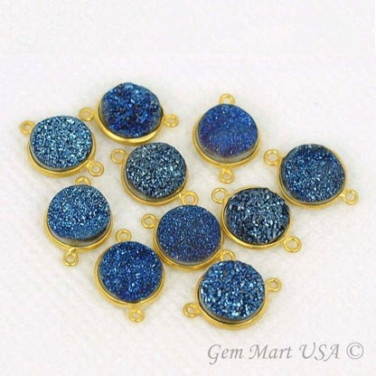 Natural Titanium Druzy 14mm Round Gold Double Bail Gemstone Connector
