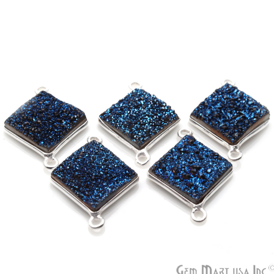 Blue Titanium Druzy Silver Plated Double Bail Gemstone Connector