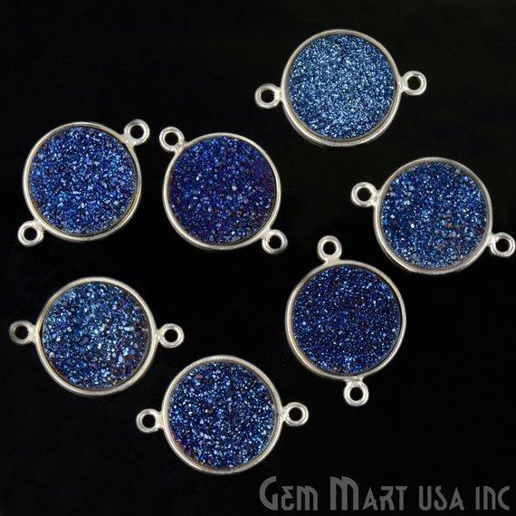 Natural Titanium Druzy 14mm Round Silver Double Bail Gemstone Connector
