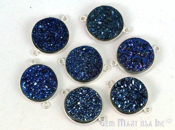 Natural Titanium Druzy 16mm Round Double Bail Silver Gemstone Connector