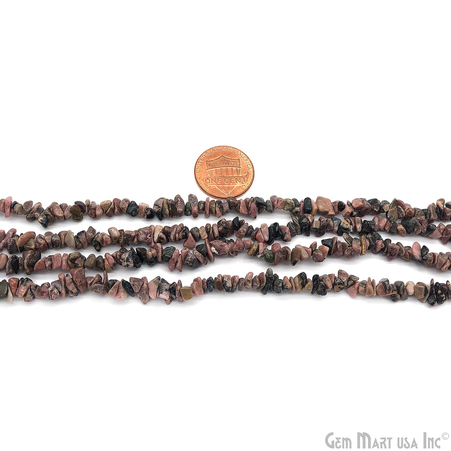 Rhodonite Chip Beads, 34 Inch, Natural Chip Strands, Drilled Strung Nugget Beads, 3-7mm, Polished, GemMartUSA (CHRN-70001)