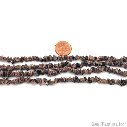 Rhodonite Chip Beads, 34 Inch, Natural Chip Strands, Drilled Strung Nugget Beads, 3-7mm, Polished, GemMartUSA (CHRN-70001)