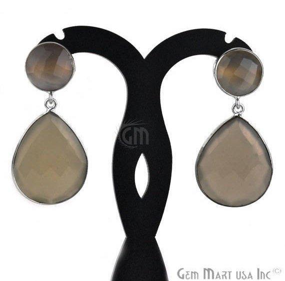 Pear and Round Shape 21x46mm Silver Plated Gemstone Dangle Studs (Pick your Gemstone) (90013-1) - GemMartUSA