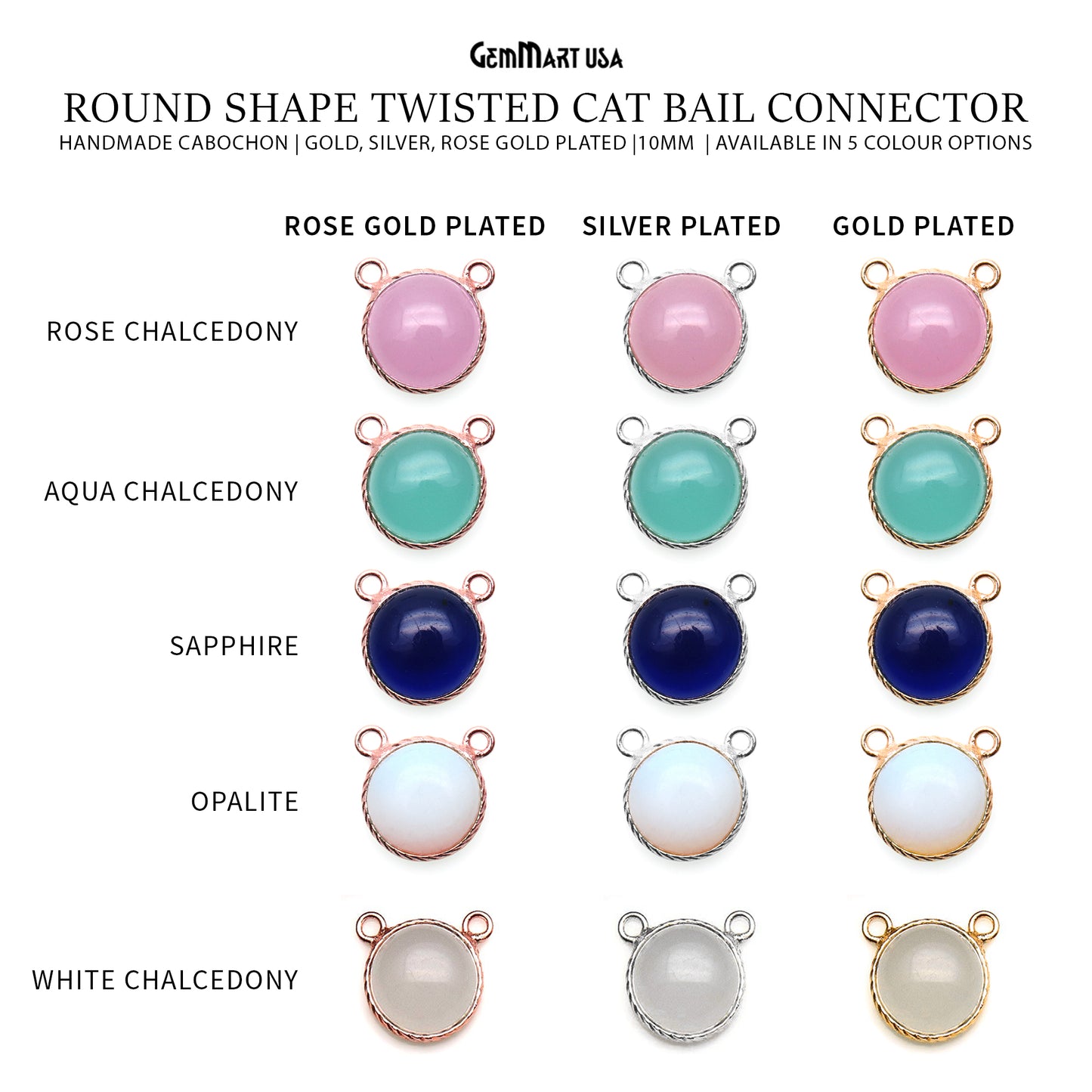 Cabochon 10mm Round Twisted Bezel Cat Bail Gemstone Connector
