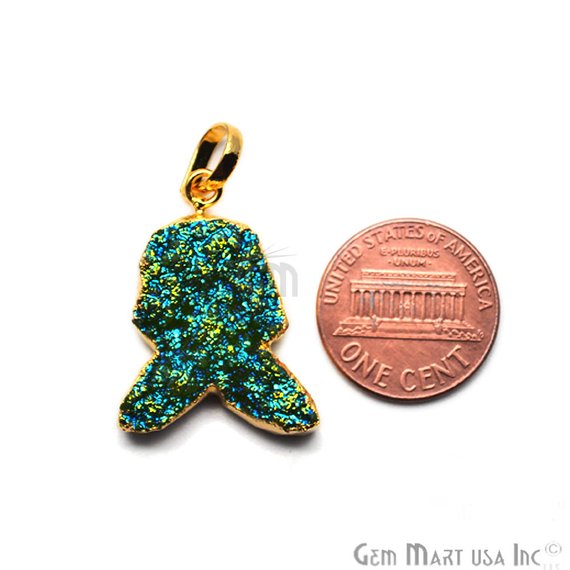 Green Titanium Rough Druzy 26x19mm Gold Electroplated Edge Single Bail Necklace Pendant - GemMartUSA