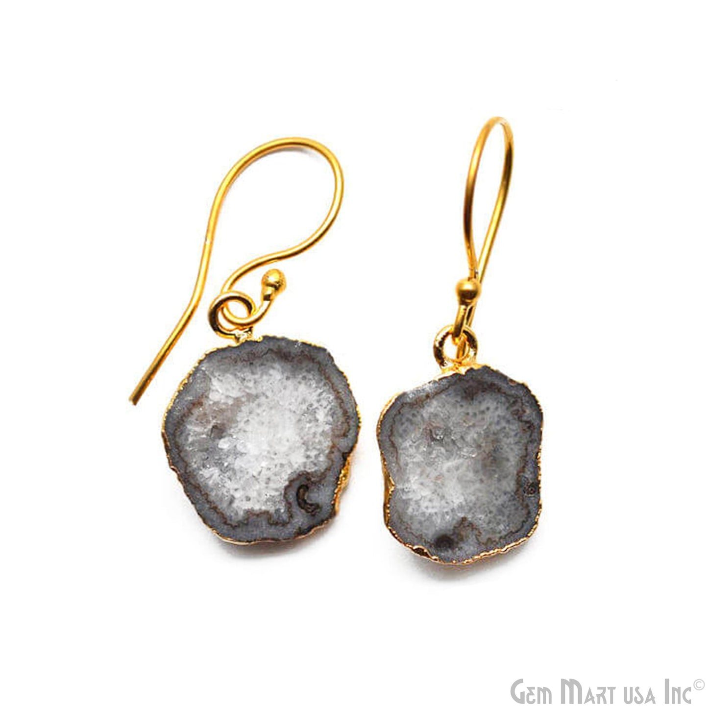 Geode Druzy Gemstone Gold Edge Dangle Hook Earrings