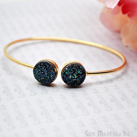 Gold Plated Round Shape 12mm Druzy Adjustable Bangle Bracelets (Pick your Gemstone) - GemMartUSA