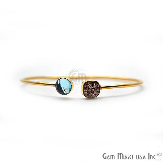 Blue Topaz & Rose Gold Druzy Round & Cushion Shape Gold Plated Stacking Bangle Bracelet - GemMartUSA