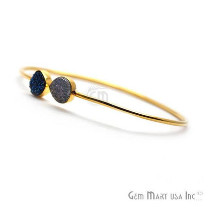 White & Blue Druzy Heart Shape Adjustable Gold Plated Stacking Bangle Bracelet - GemMartUSA