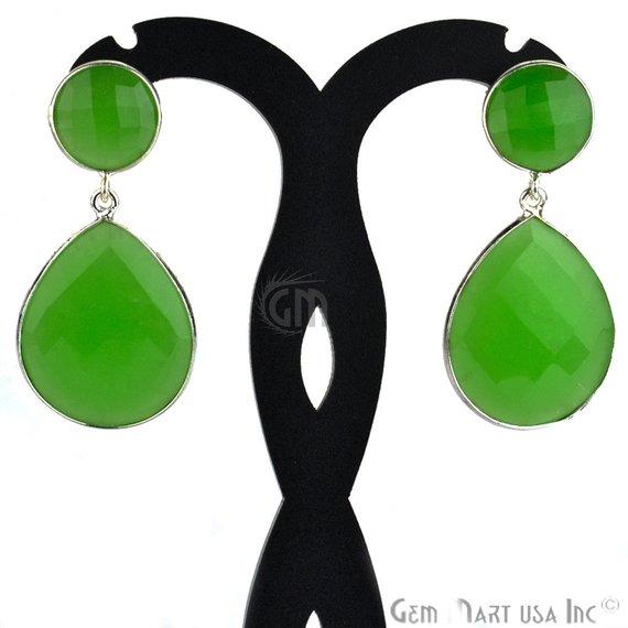 Pear and Round Shape 21x46mm Silver Plated Gemstone Dangle Studs (Pick your Gemstone) (90013-1) - GemMartUSA