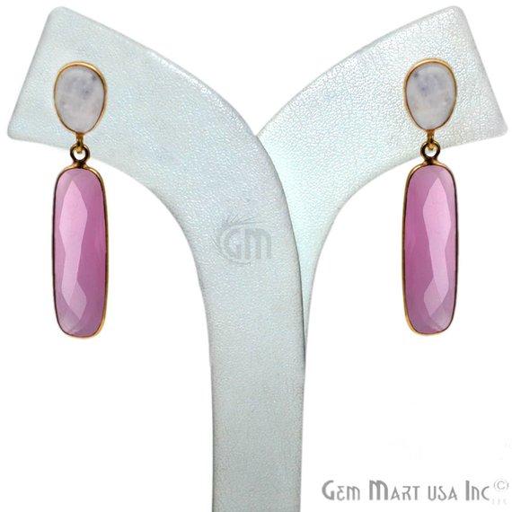 Rectangle & Round Shape 46x10mm Gold Plated Gemstone Dangle Stud Earring Choose Your Style (GDER-3) - GemMartUSA