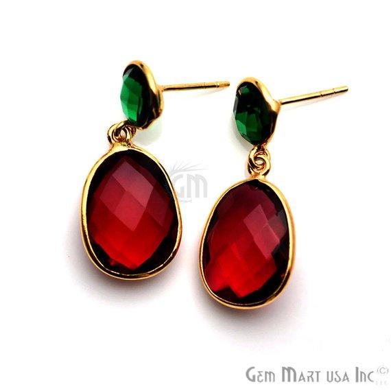 Gold Plated Round & Oval 30x13mm Gemstone Dangle Stud Earring 1Pair (Pick Your Stone) - GemMartUSA