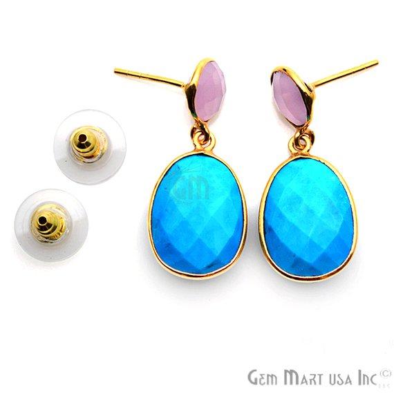 Gold Plated Round & Oval 30x13mm Gemstone Dangle Stud Earring 1Pair (Pick Your Stone) - GemMartUSA