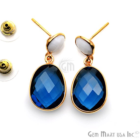 Gold Plated Round & Oval 30x13mm Gemstone Dangle Stud Earring 1Pair (Pick Your Stone) - GemMartUSA