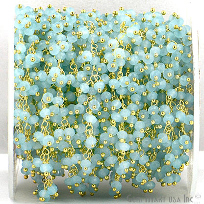 Aqua Chalcedony Gold Plated Wire Wrapped Beads Cluster Dangle Chain - GemmartUSA