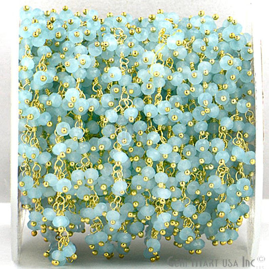 Aqua Chalcedony Gold Plated Wire Wrapped Beads Cluster Dangle Chain - GemmartUSA