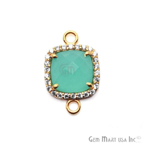 Aqua Chalcedony & Cubic Zircon Pave 10mm Cushion Gold Plated Double Bail Connector - GemMartUSA