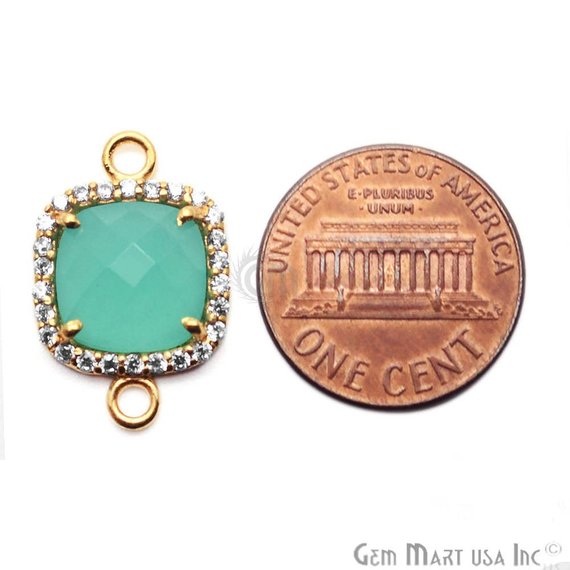 Aqua Chalcedony & Cubic Zircon Pave 10mm Cushion Gold Plated Double Bail Connector - GemMartUSA