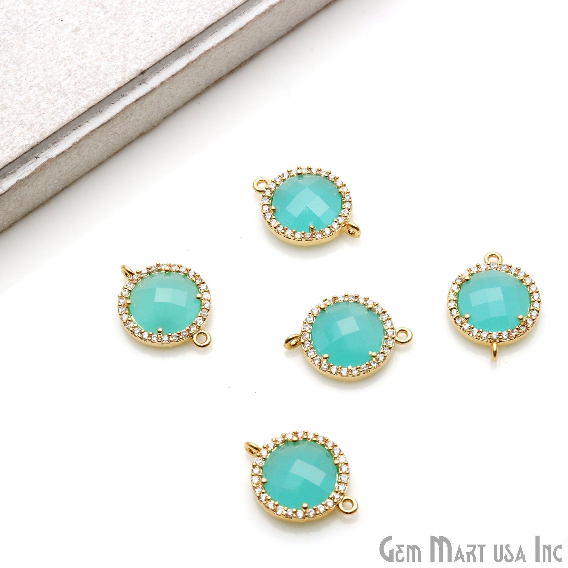 Round 10mm Gold Prong Setting Cubic Zircon Pave Connectors (Pick Stone) - GemMartUSA